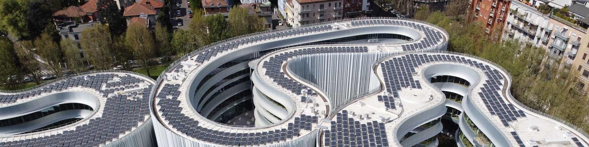 Aerial view of a modern building in Milan