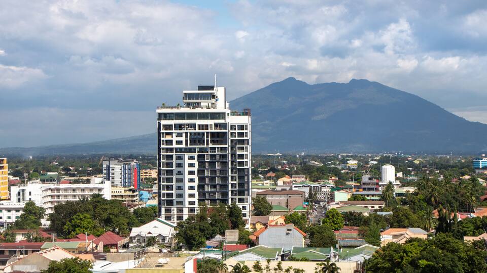 Beautiful Aerial View of Angeles City (Balibago) and Mt. Arayat in Distance - Pampanga, Luzon, Philippines