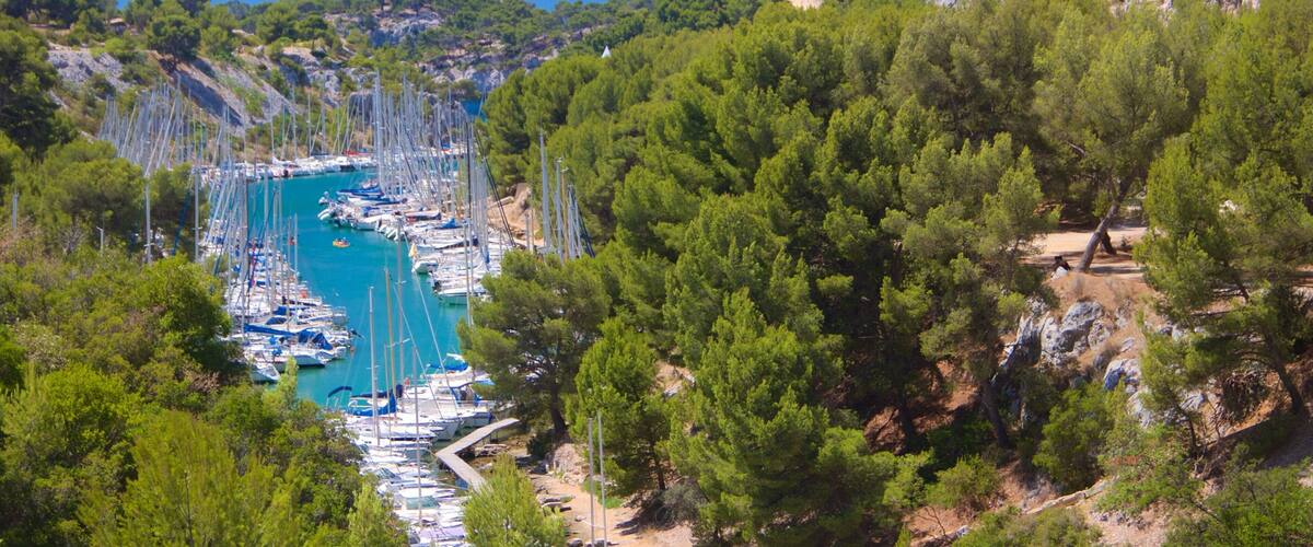 Calanques che include barca a vela, porto turistico e fiume o ruscello