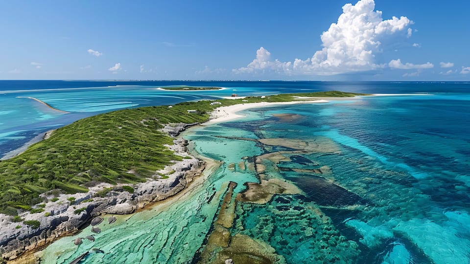A coastal landscape with clear turquoise waters, a sandy beach, and lush greenery.