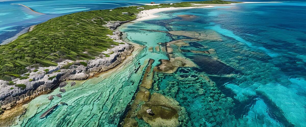 A coastal landscape with clear turquoise waters, a sandy beach, and lush greenery.