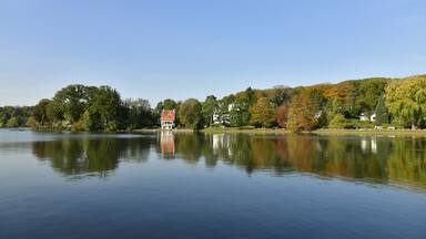 Un lago tranquilo con una casa en la orilla, rodeado de árboles y un cielo despejado.