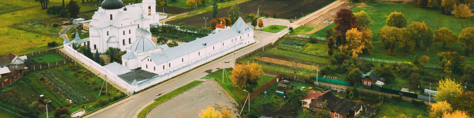 Mahiliou, Belarus. Mogilev Cityscape With Famous Landmark St. Nicholas Monastery. Aerial View Of Skyline In Autumn Day. Bird's-eye View