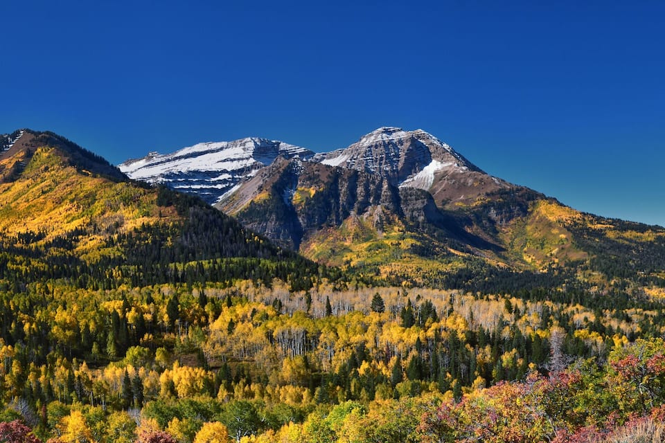 Una serralada amb fullatge d'octubre i cims nevats.