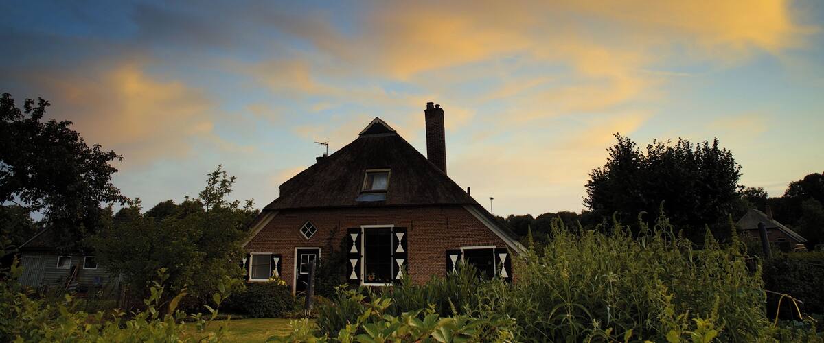 A house with a thatched roof and a chimney, surrounded by greenery and trees.
