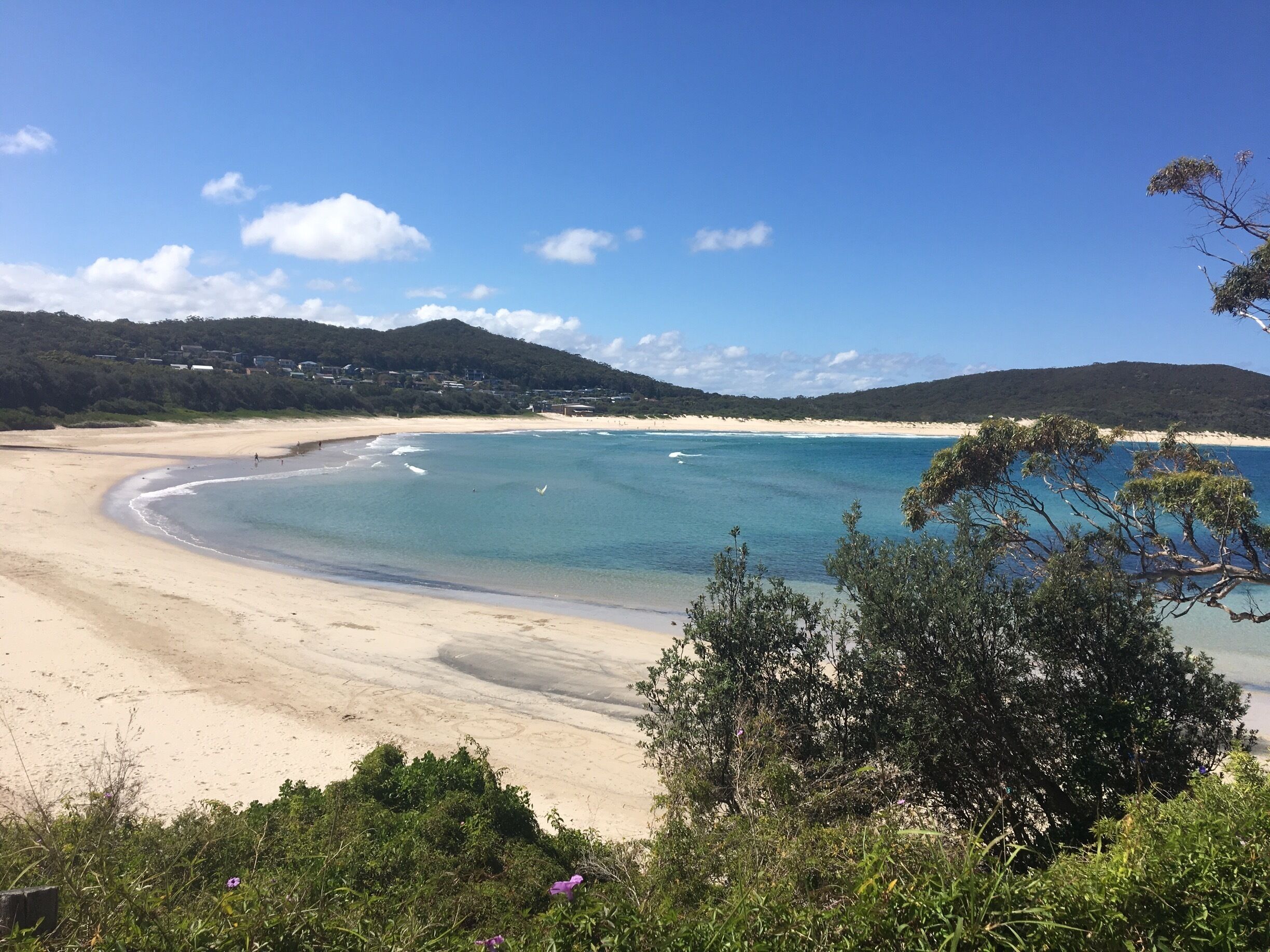 A beach with clear blue waters, sandy shore, and surrounding greenery.