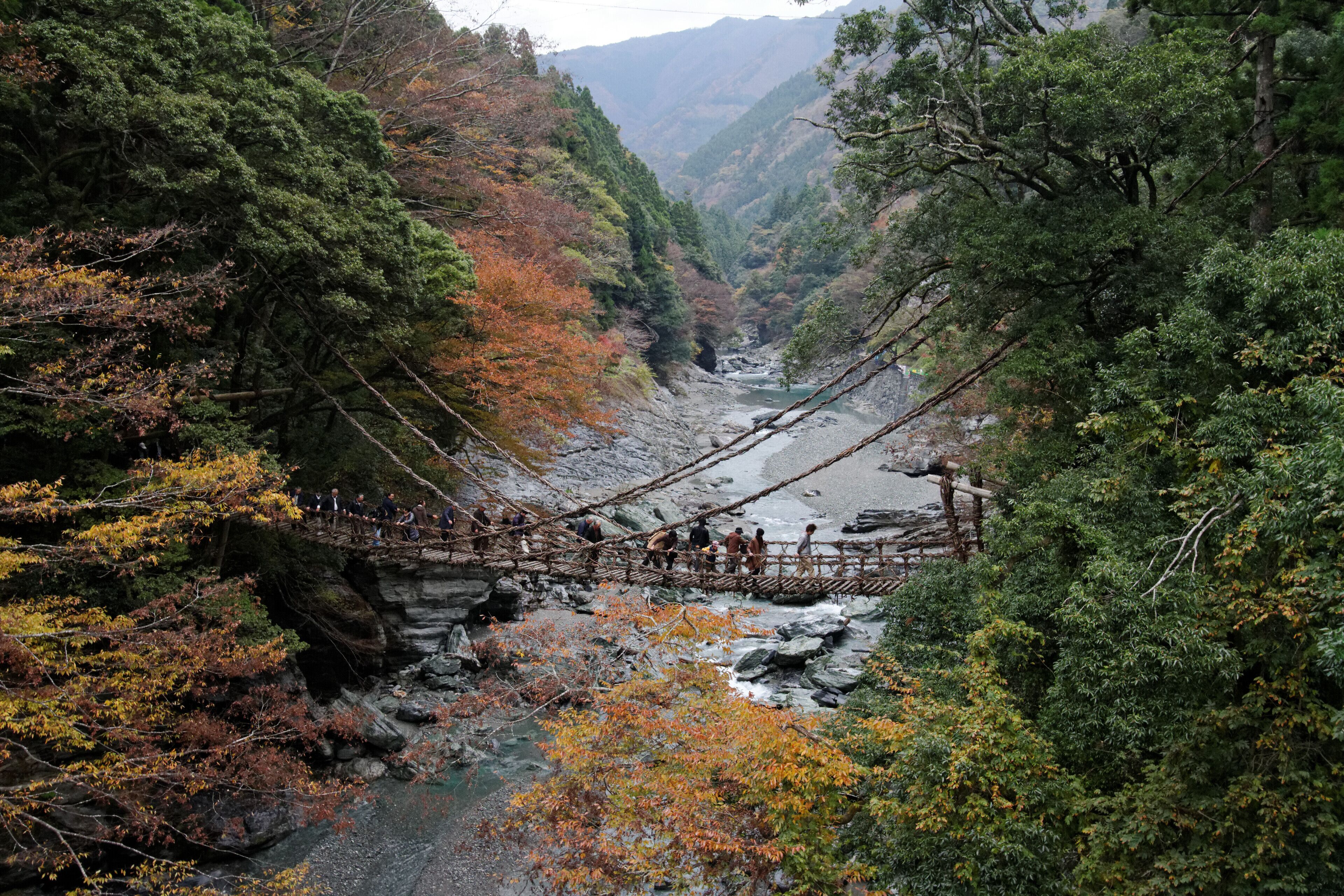 A suspension bridge over a river in a forested valley with autumn foliage.