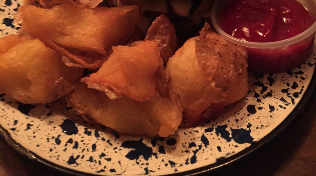 Burger with brie cheese + sweet onions + mushrooms anddd fries!