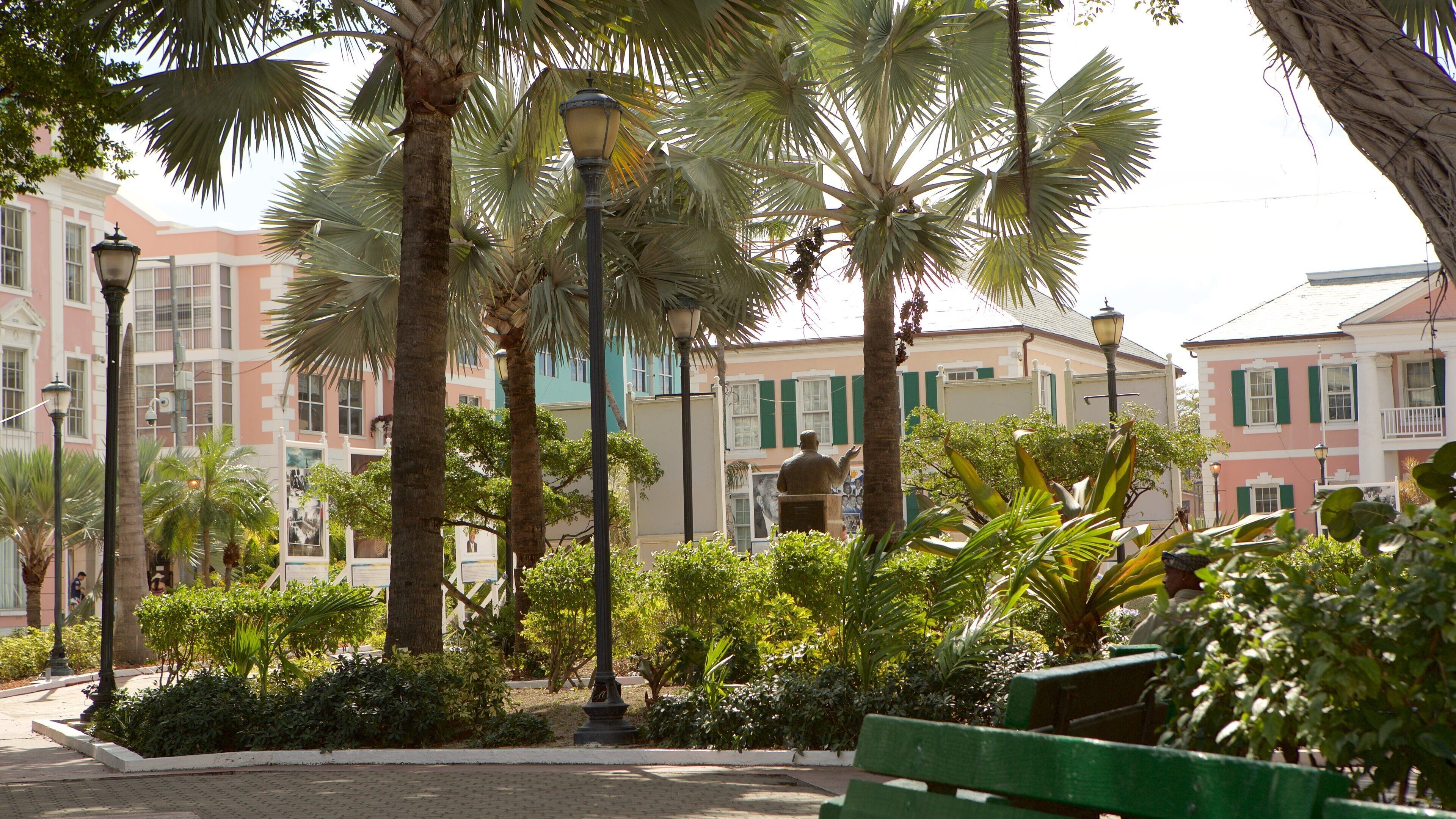 Un parque con palmeras, bancos y una estatua.