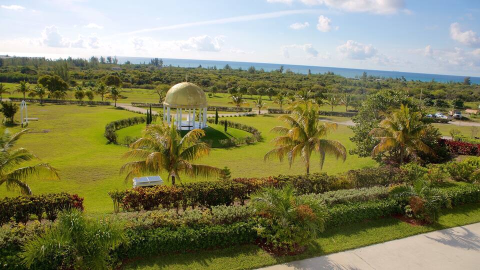 Un jardín exuberante con palmeras y una vista al océano, donde se encuentra un pabellón.