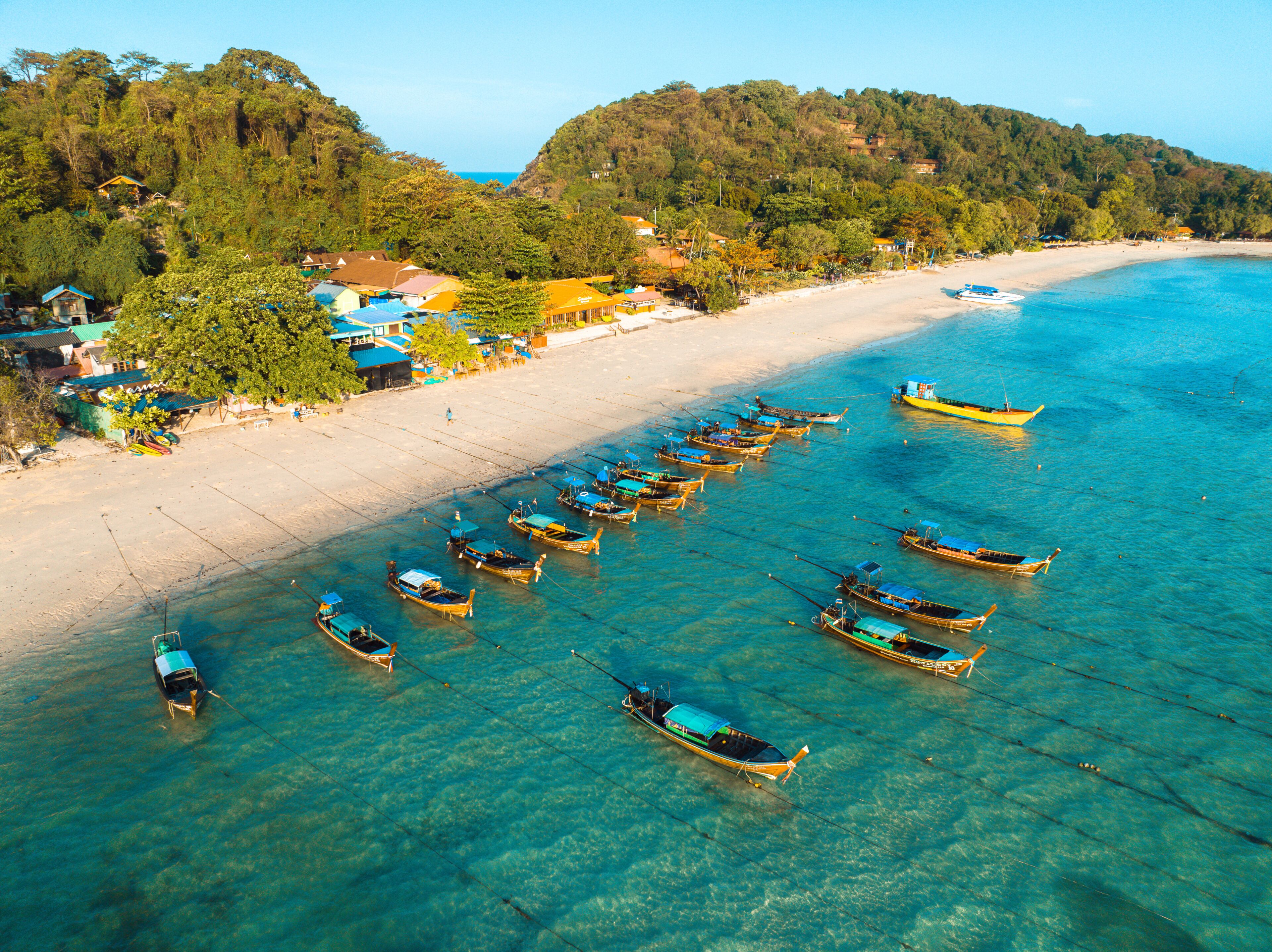 Aerial view of Laem Tong Beach or Laemtong bay in koh Phi Phi, Krabi, Thailand
