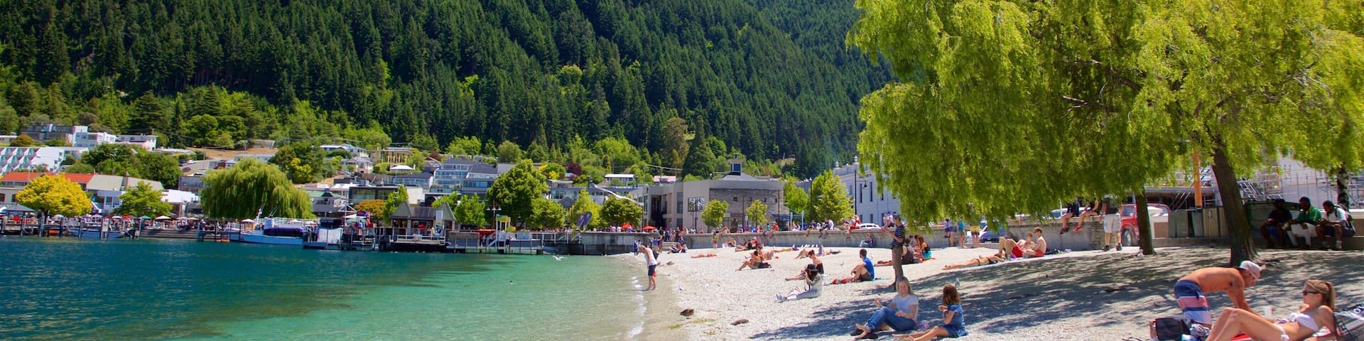Queenstown Beach featuring a small town or village, a pebble beach and a lake or waterhole