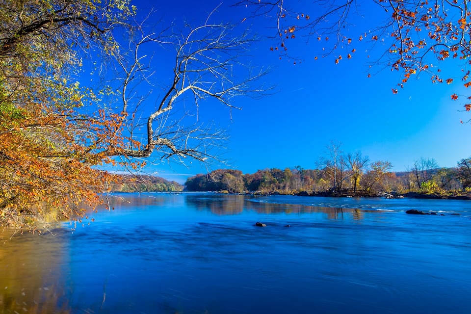 A river with autumn foliage and clear blue sky.