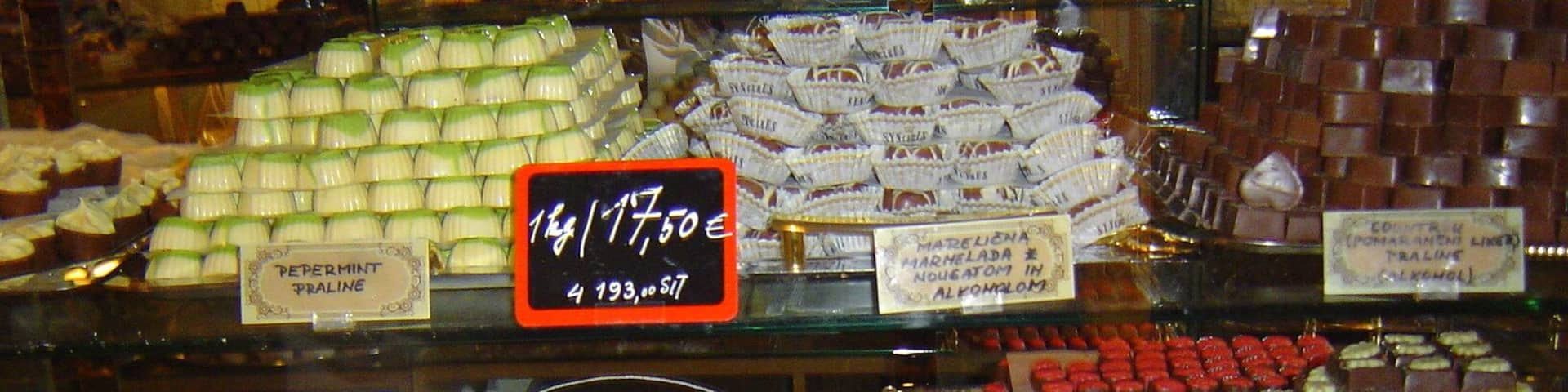 Boutique with chocolate pralines in chocolate factory, Olimje #FoodieFinds