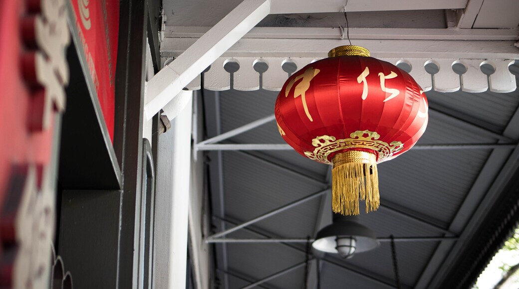 Bright red Chinese lantern hanging in Chinatown, Honolulu, Hawaii, USA