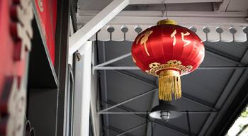 Bright red Chinese lantern hanging in Chinatown, Honolulu, Hawaii, USA