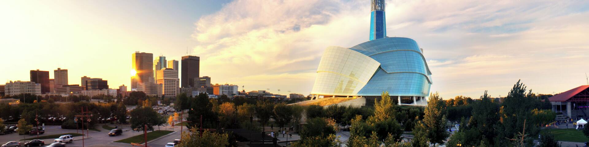 Winnipeg skyline as seen from The Forks. The Human Rights Museum is on the right. Picture taken on September 6, 2014.