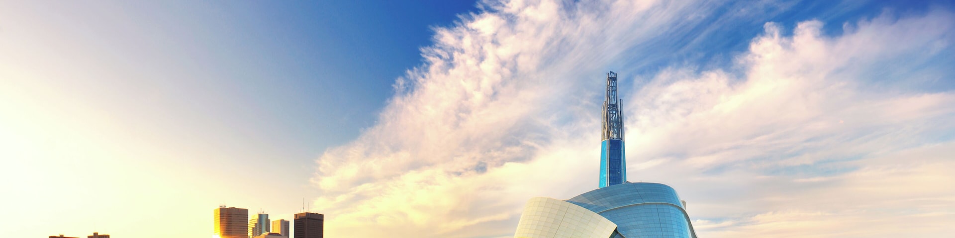 Winnipeg skyline as seen from The Forks. The Human Rights Museum is on the right. Picture taken on September 6, 2014.