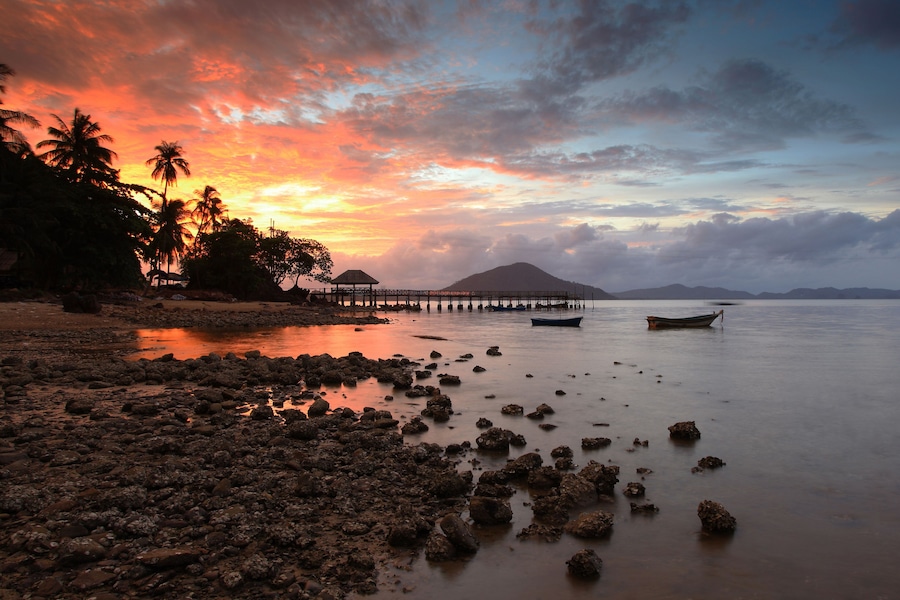 Scenic Sunset view of Phithak beach Island in Lang Suan District. Chumphon Province, Thailand