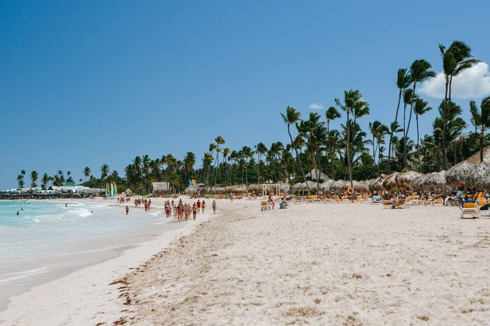 A beach with palm trees, people, and beach umbrellas.