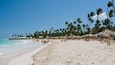 Een strand met palmbomen, mensen en strandparasols.