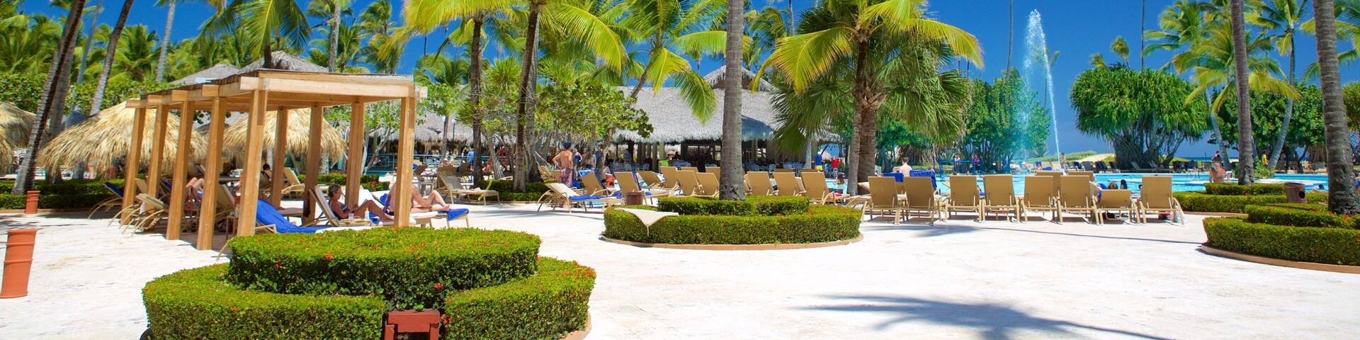 A resort with palm trees, a pool, and lounge chairs.