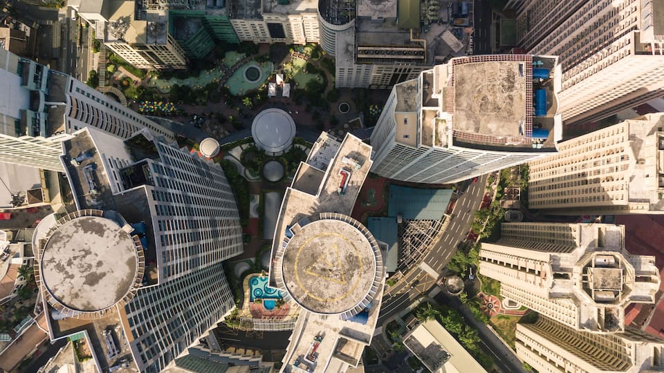 Looking down at upscale condos of Eastwood City, a mixed-use development complex in Quezon City.