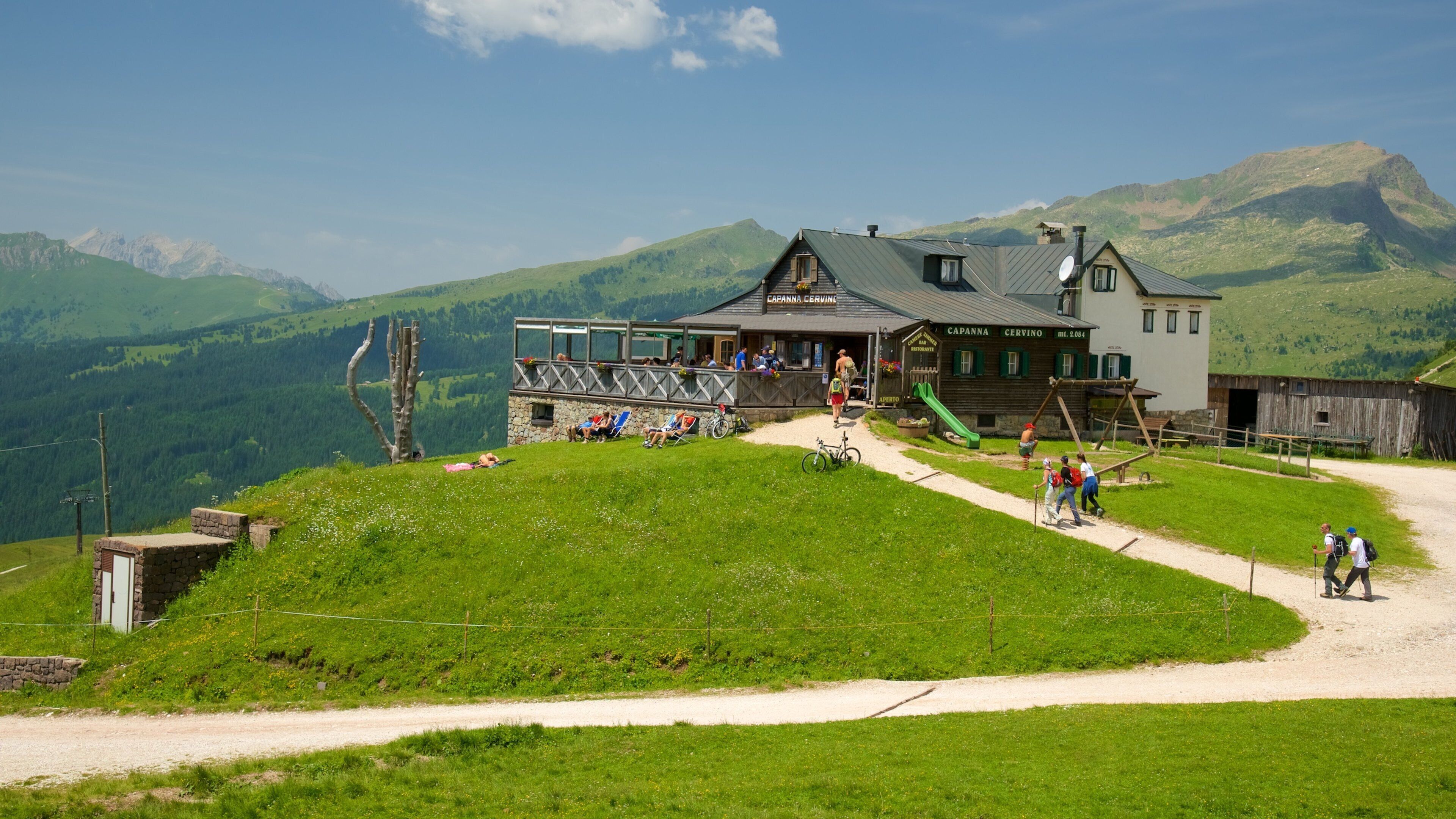 Passo Rolle featuring café lifestyle and tranquil scenes as well as a small group of people