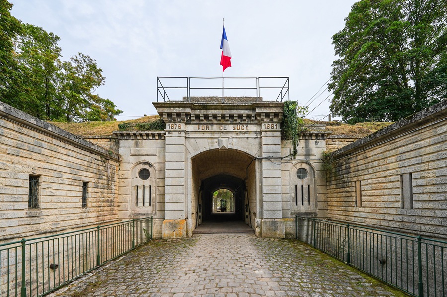 Main gate of the Fort de Sucy ("Sucy Fortress") built in 1879 following the Franco-Prussian War to defend Paris in the southeast of the capital in Sucy-en-Brie, France
