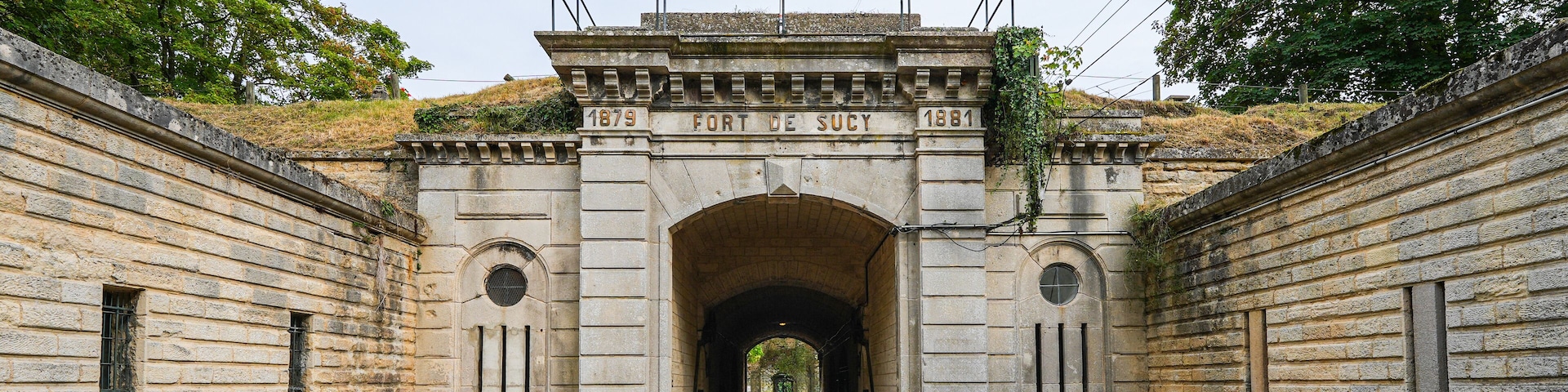 Main gate of the Fort de Sucy ("Sucy Fortress") built in 1879 following the Franco-Prussian War to defend Paris in the southeast of the capital in Sucy-en-Brie, France