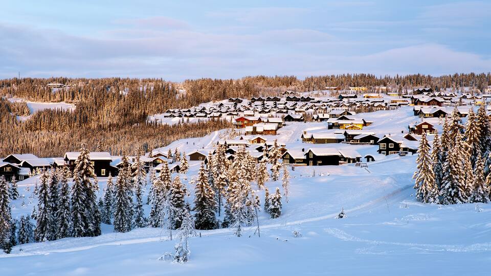 A snow-covered village with wooden houses and dense forests.
