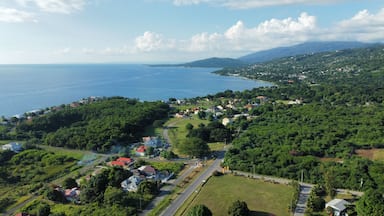 Aerial drone view of the townscape of Whitehouse with a beautiful coast and greenery