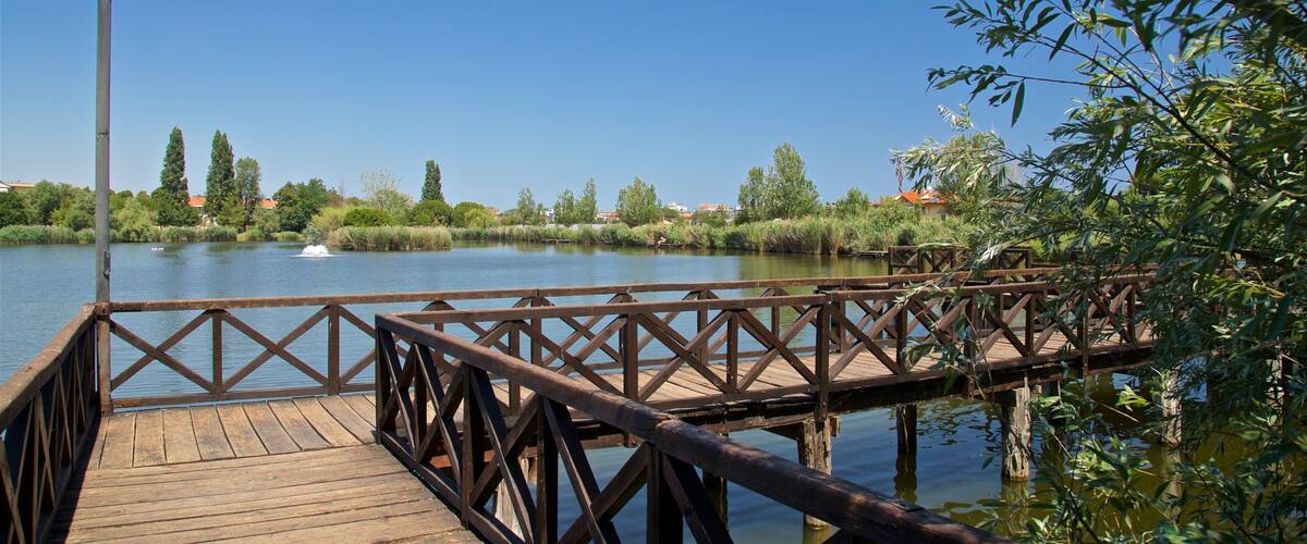 A wooden bridge over a calm river with a lamp post on the left.