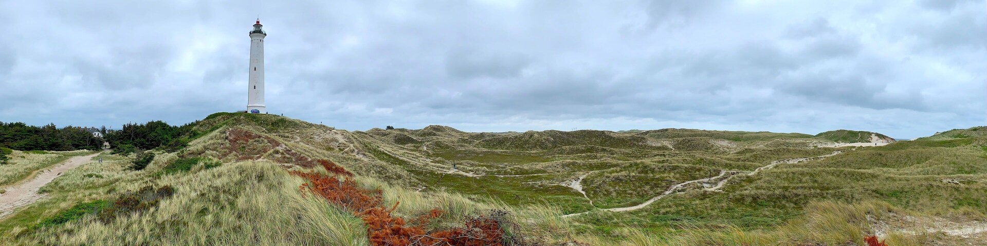 A lighthouse on a grassy hill with winding paths.