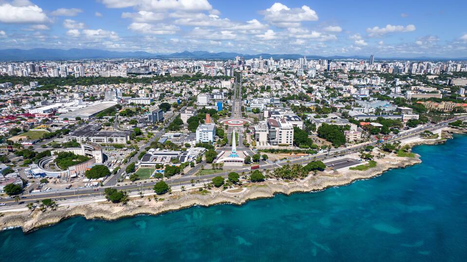 Beautiful aerial view of the city of Santo Domingo - Dominican Republic with is Parks, buildings, suburbs ,turquoise Caribbean ocean, parks and malecon