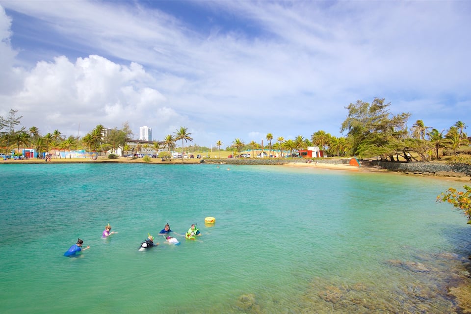 Una playa tropical con agua turquesa cristalina, palmeras y algunas personas nadando.