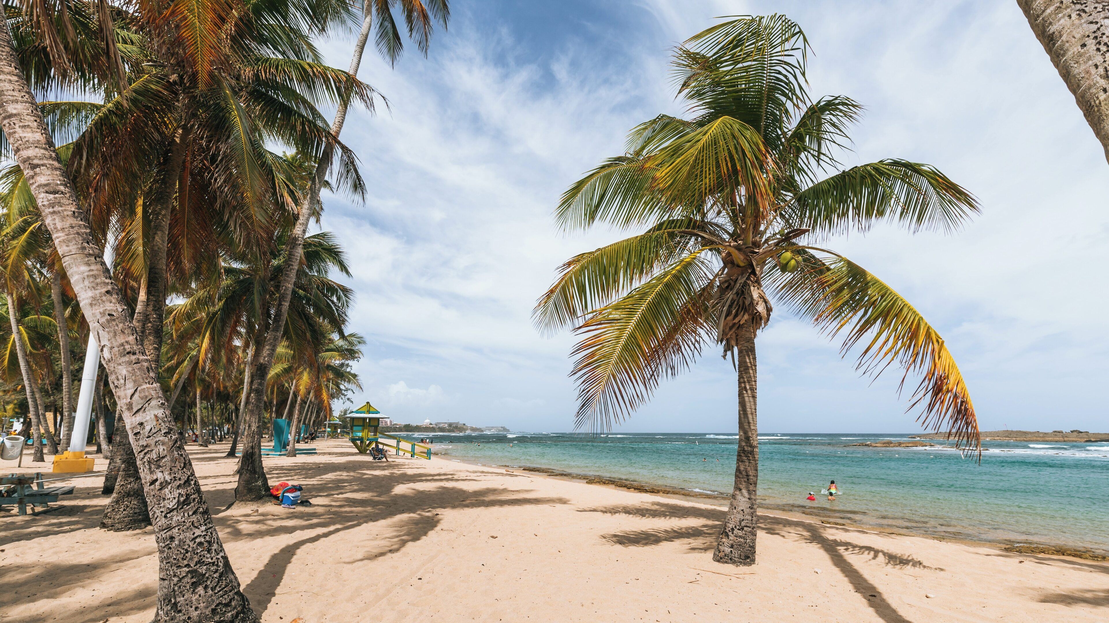 Stunning view of Escambron Beach in Puerta de Tierra, San Juan, Puerto Rico on a sunny day with palm trees and clear waters