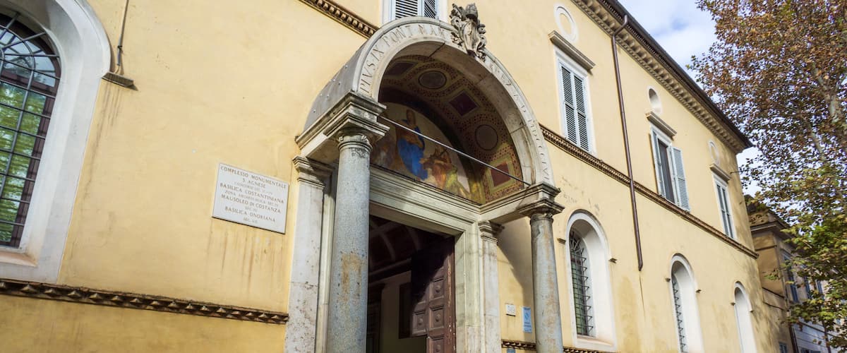Entrance to the monumental complex of Sant'Agnese fuori le mura on via Nomentana, Trieste district, Rome, Italy