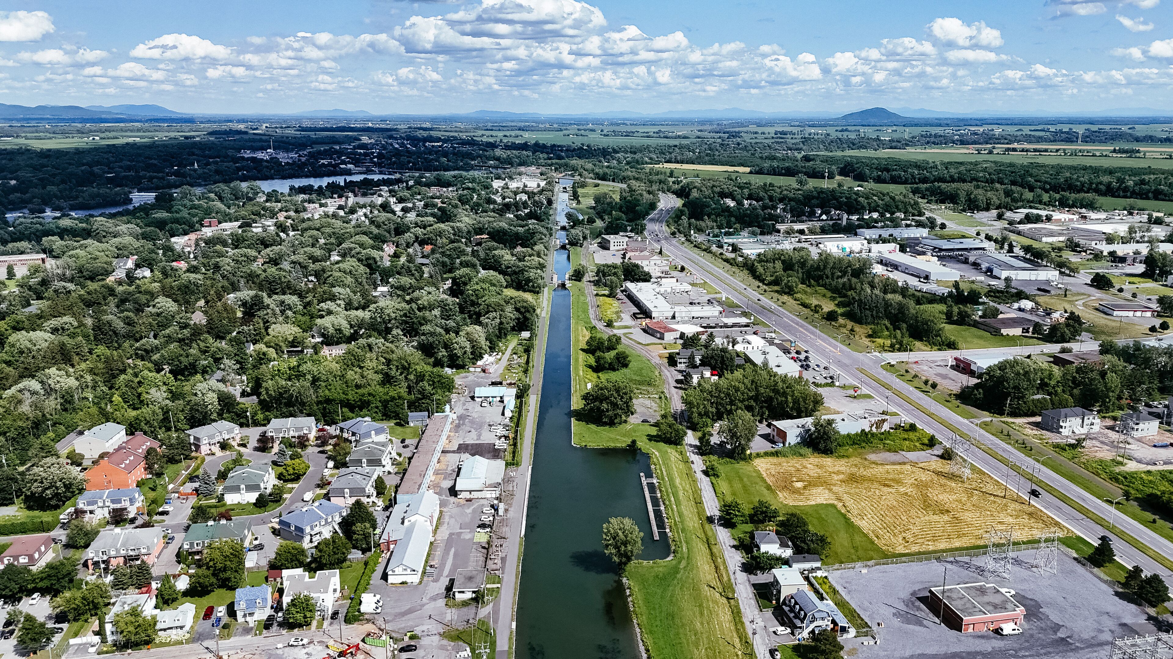 Drone view of Chambly channel, fort, yacht dock.
