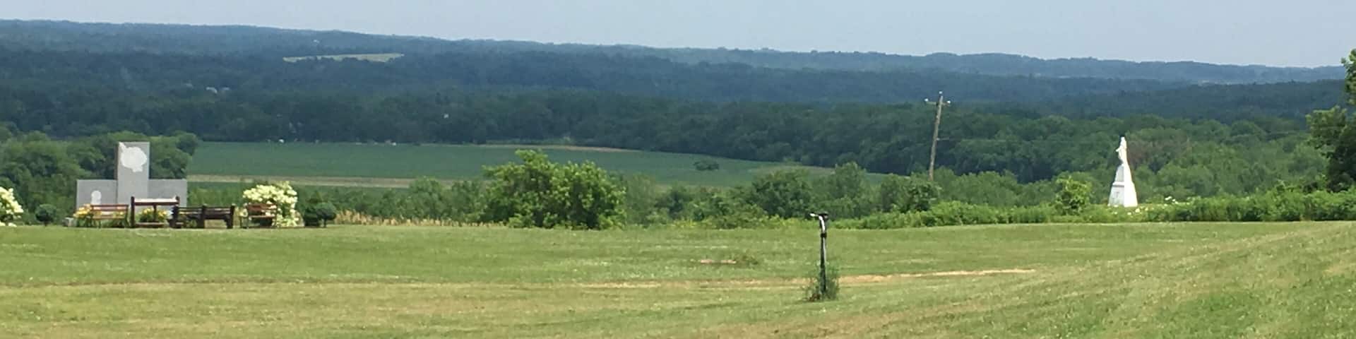 Statues are spread across the property.