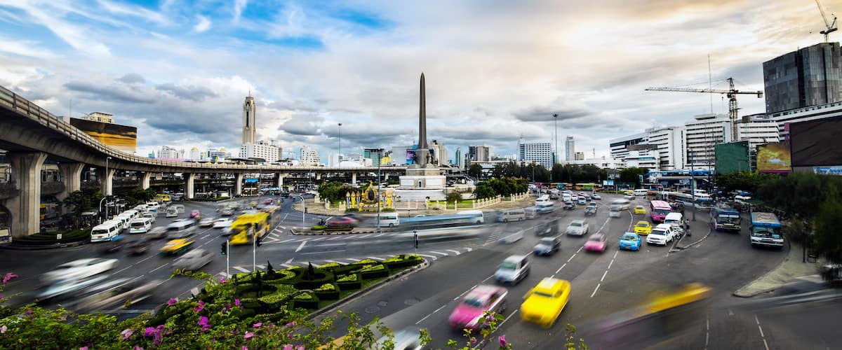 Traffic in modern city,Victory Monument in Bangkok,Thailand