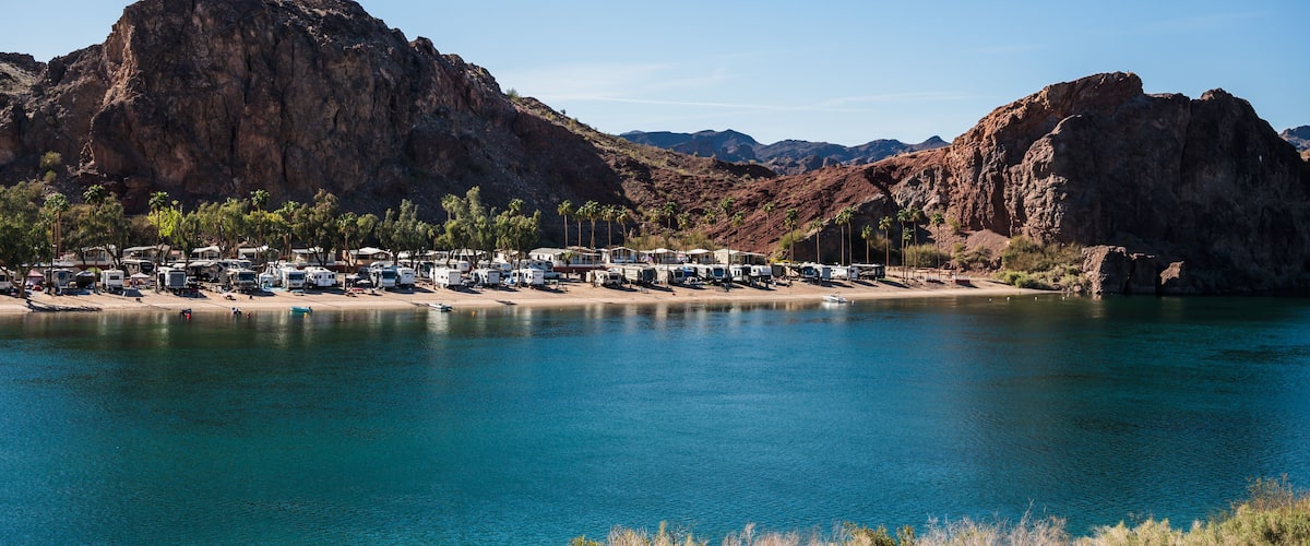 Campgrounds and resorts along the Colorado River below the Parker Dam. California - Arizona border.