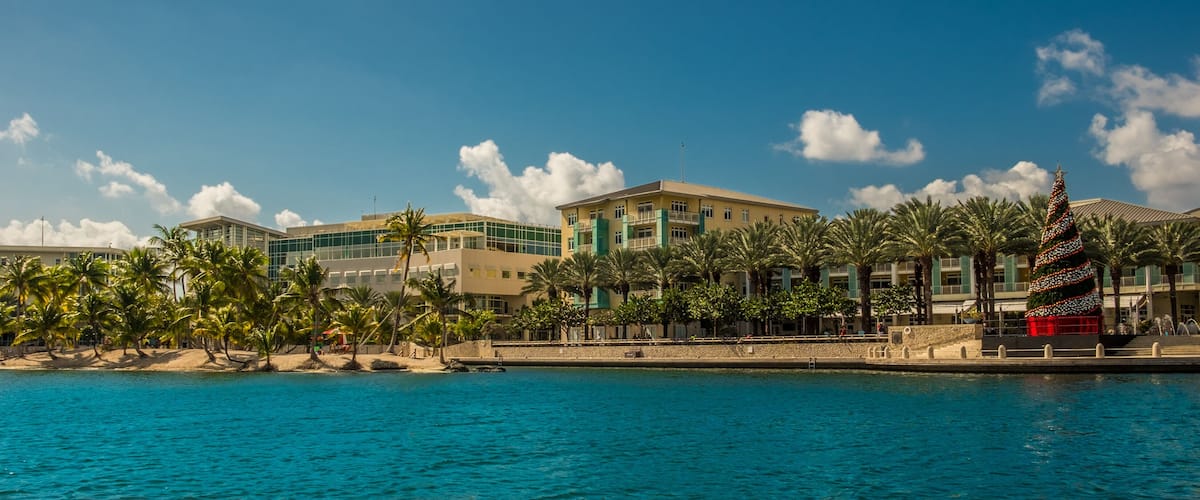Panoramic view of Camana Bay waterfront from the Caribbean Sea, Grand Cayman, Cayman Islands