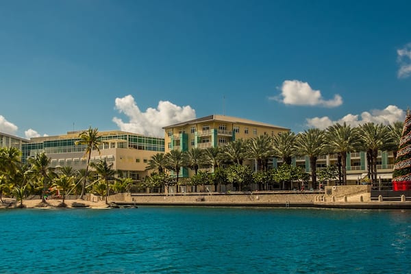 Panoramic view of Camana Bay waterfront from the Caribbean Sea, Grand Cayman, Cayman Islands
