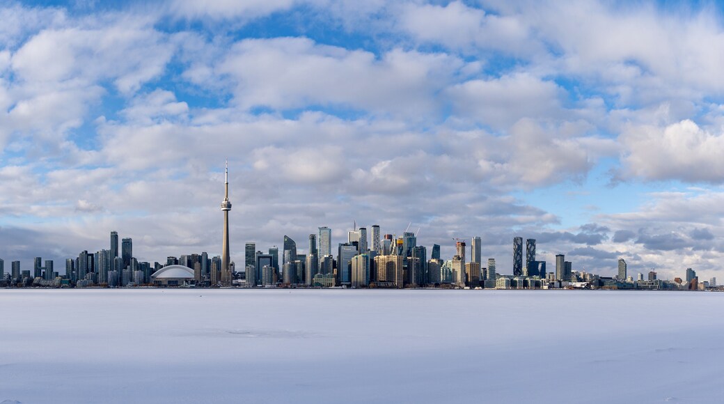 Frozen Lake Ontario and downtown Toronto panoramic view from Toronto Islands in winter.