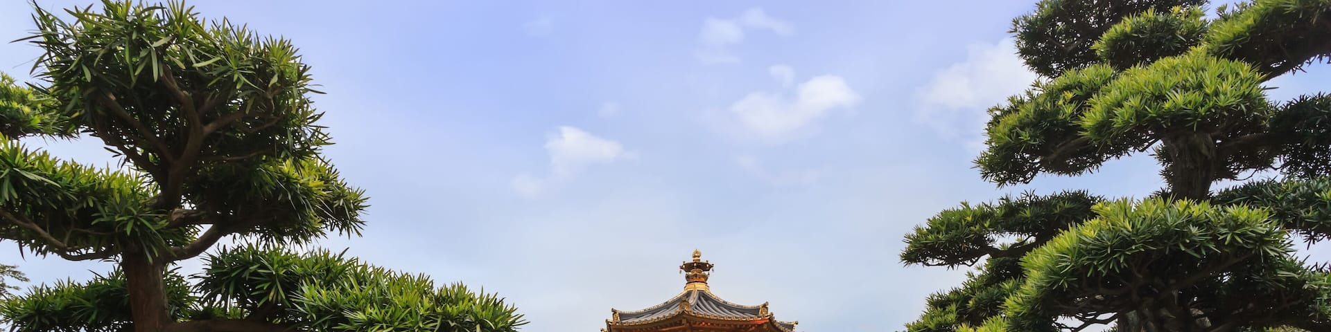 A traditional pagoda, a red water wheel, and various trees in a landscaped garden.