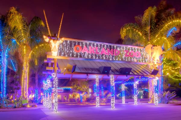 Oakland Zoo featuring zoo animals, night scenes and signage