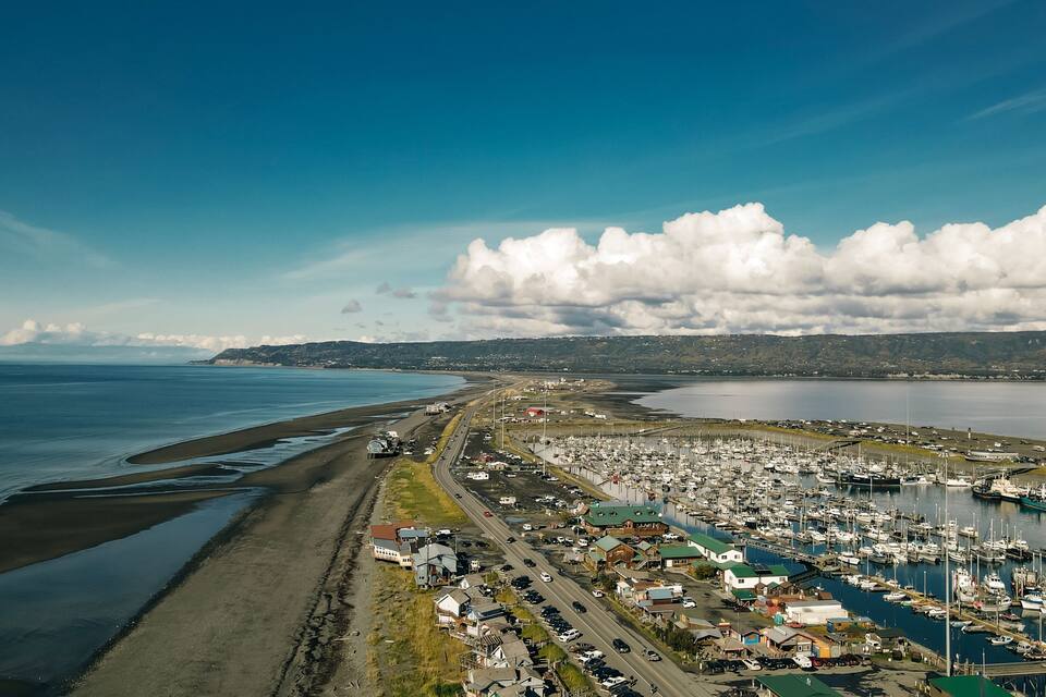 A coastal town with a marina, roads, and a beach.