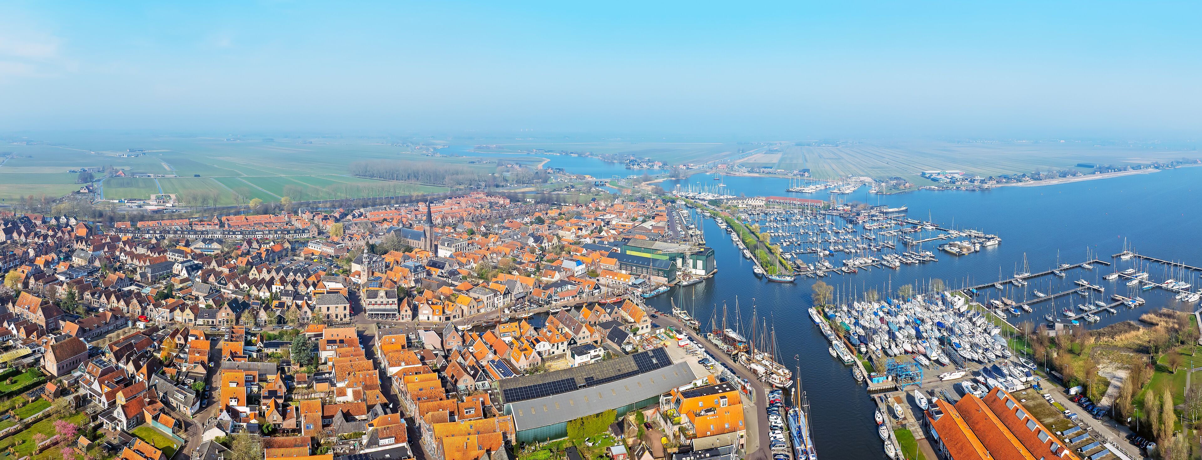 Aerial panorama from the historical city Monnickendam in the Netherlands