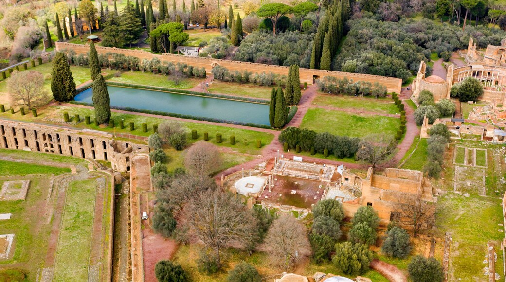 Aerial view of Hadrian's Villa at Tivoli, near Rome, Italy. Villa Adriana is a World Heritage comprising the ruins and archaeological remains of a complex built by Roman Emperor Hadrian.
